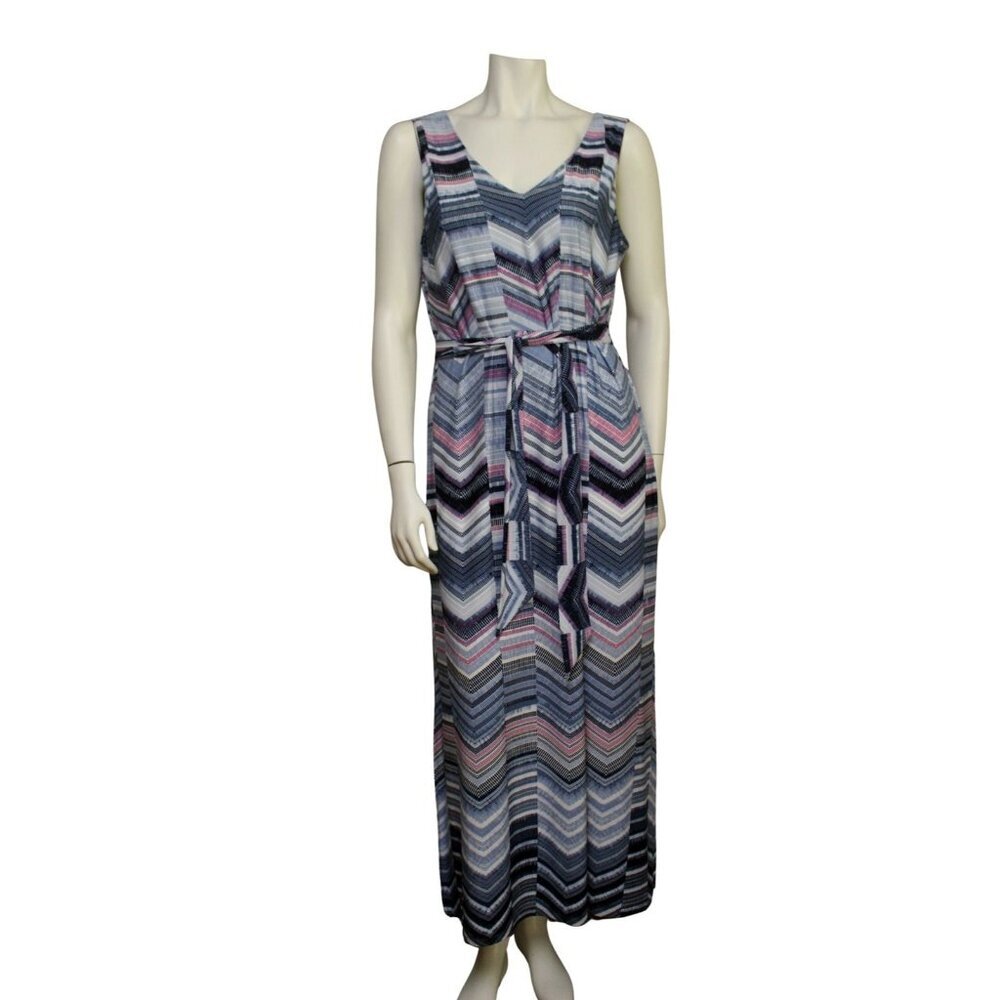 Chico's Cool-Toned Blue Chevron Striped Belted Knit Maxi Dress Size 2 Fits Large